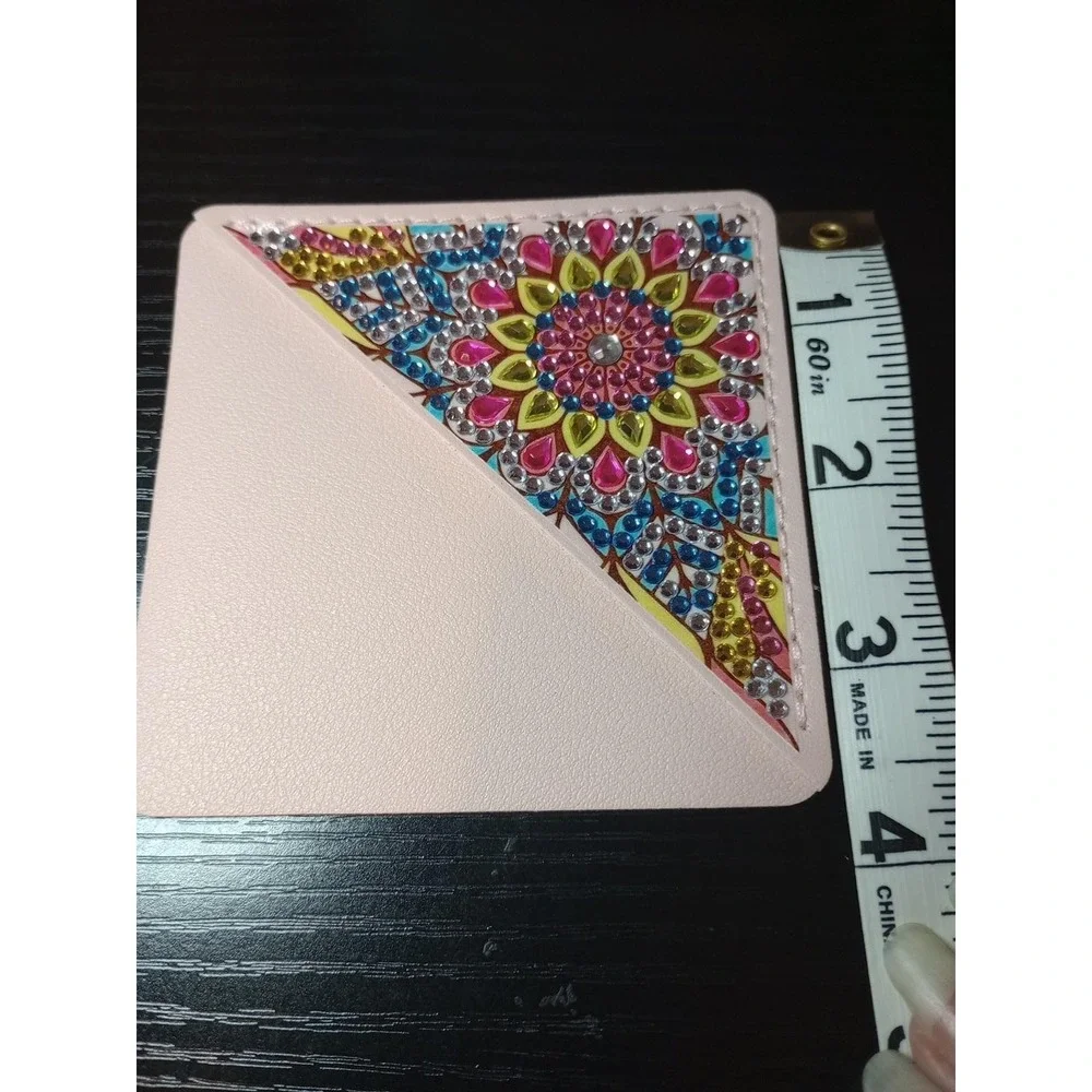 Pink Faux Leather Corner Bookmark Rhinestone Mandala Floral Page Marker